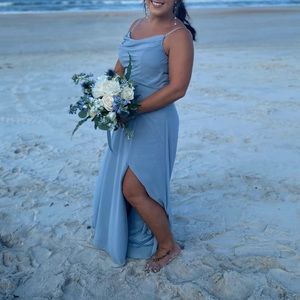 Davids bridal Dusty Blue Cowl neck bridesmaid dress